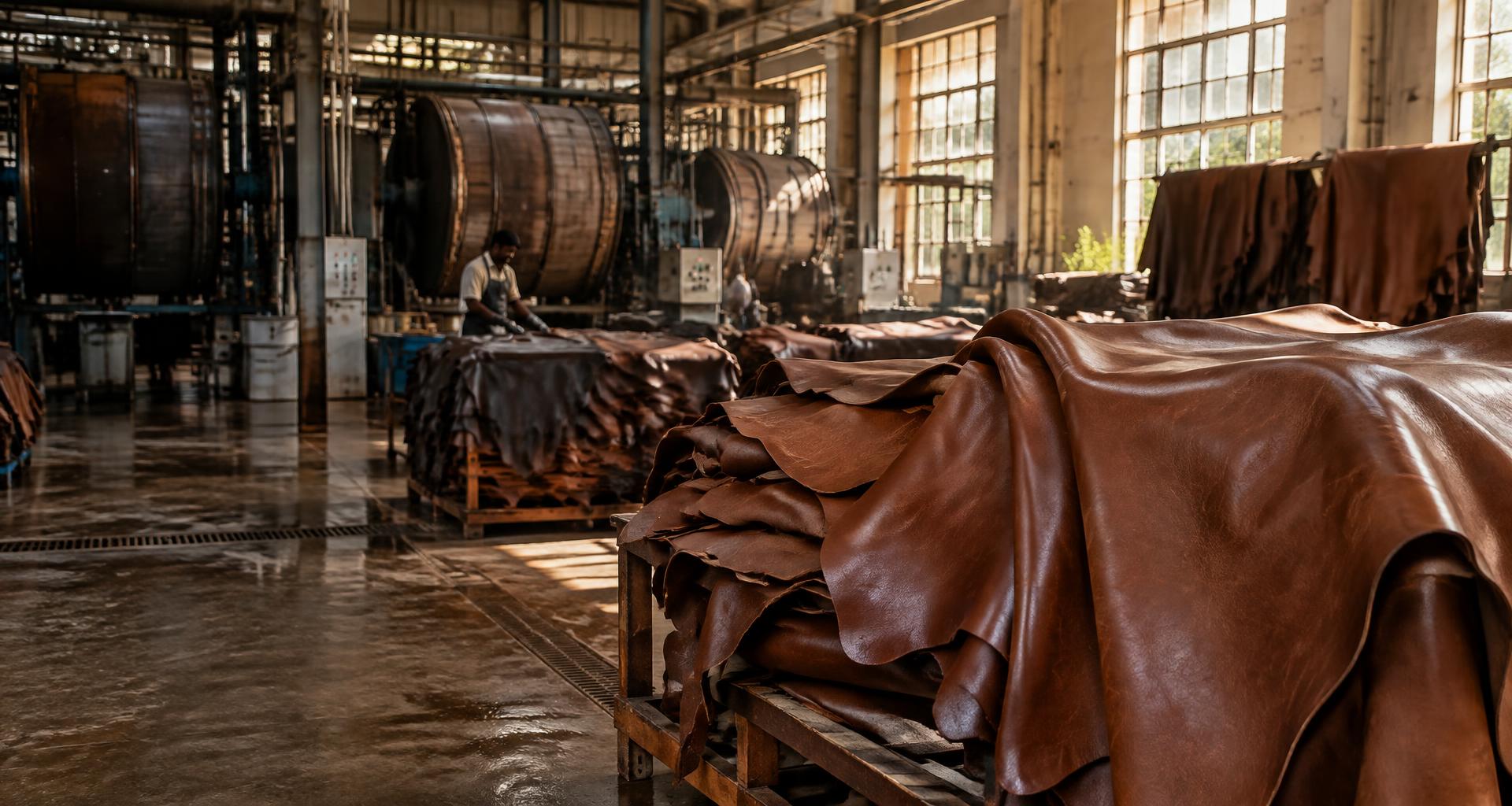 Leather hides in a tanning workshop